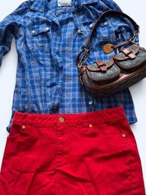 Tory Burch Red Denim Mini Skirt Gold Logo Button Accent 28 M